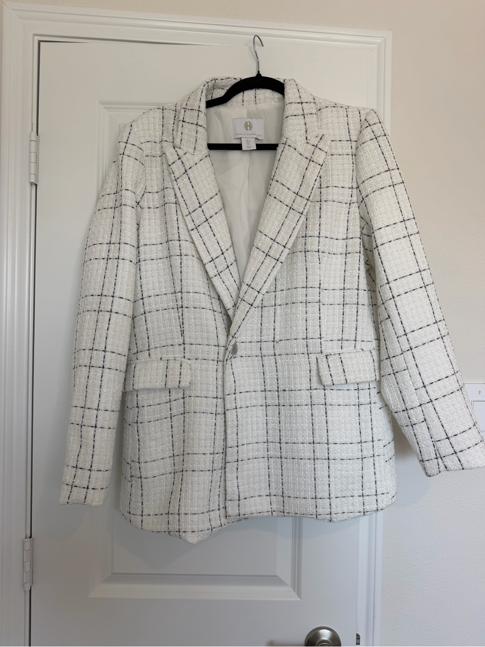 House of Harlow Women's White Checked Bouclé Blazer Jacket